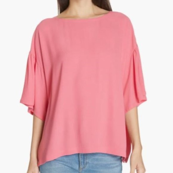 Eileen Fisher Flutter Sleeve Silk Georgette Boxy Top Pink Size 2X